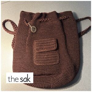 The Sak Boho Crochet Drawstring Bucket backpack - Brown